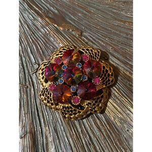 Designer Heliotrope Brooch Rivoli Rhinestones Magenta Purple Gold Tone Vintage
